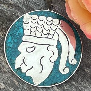 VINTAGE TAXCO Sterling silver turquoise inlay warrior pendant